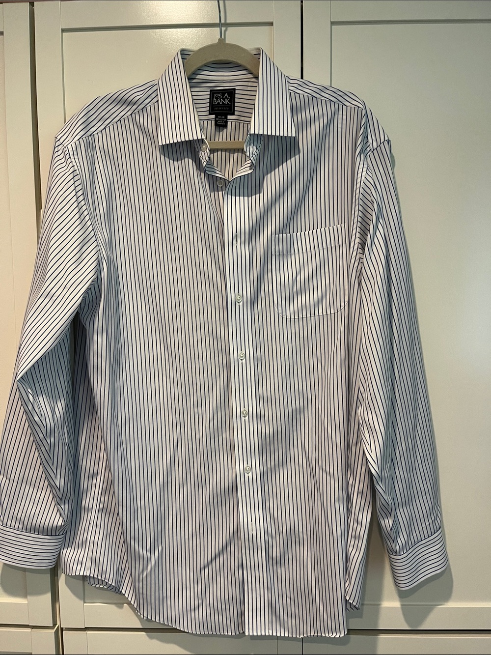 Jos. A. Bank White Dress Shirt with Blue Pinstripes